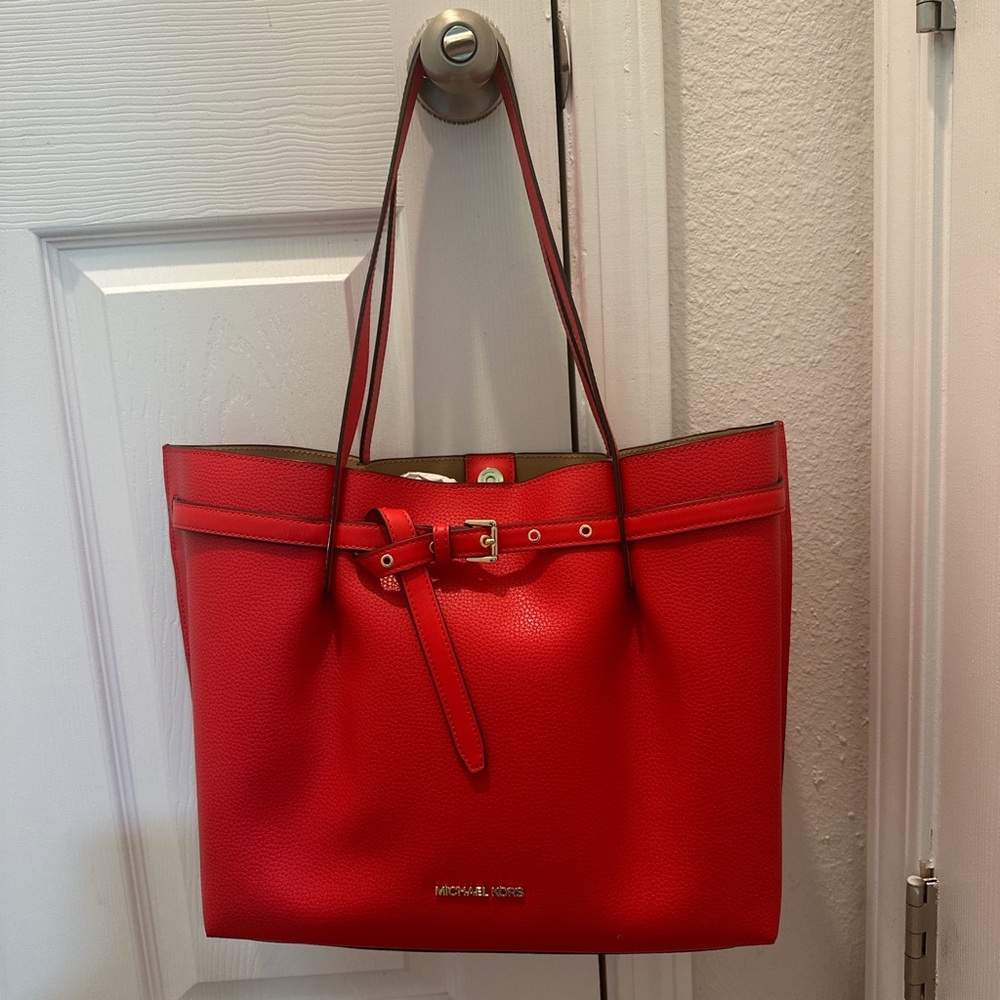 Michael Michael Kors Bright Red Pebbled Leather Tote with Belt Accent